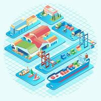 Isometric illustration of busy traffic in the port where goods go in and out, container carrier ships and container stacks are at the port vector