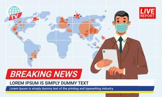 News anchors with medical mask reporting spread pandemic in TV studio presenters on breaking news with world map background vector