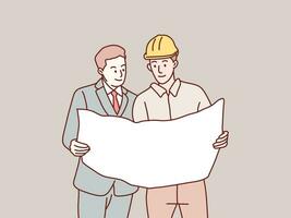 Construction  workers and businessman teamwork collaboration in blueprint planning simple korean style illustration.eps vector