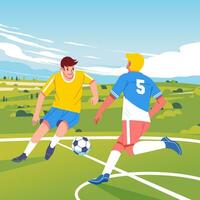 Action football players fighting for the ball on the field with green hills and sky background, flat vector illustration