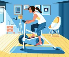 young women taking exercise at home using static bike, home interior design illustration as background vector