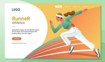 aterrizaje página modelo ilustración, un hembra atleta es corriendo con todas su podría en un corriendo pista vector ilustración