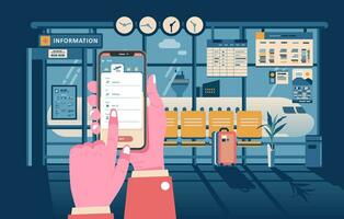 online application for flight information, give information of the airport, flight. hand holding phone and airport interior as background vector illustration