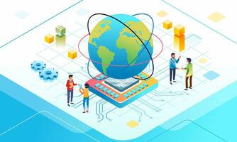 isométrica ilustración de datos comunicación y Internet conectividad, grande globo con chip tablero debajo y personas hablar a cada otro vector