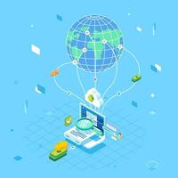 Isometric digital global online cloud transaction, security, transfer fund, document all over the world concept vector