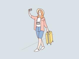 Happy vacation woman selfie carry suitcase being ready to go holidays simple korean style illustration vector