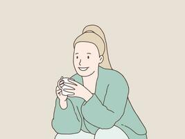 Relax smilling woman enjoying a cup of coffee simple korean style illustration vector