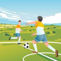 dos fútbol jugador jugando fútbol en el al aire libre campos, un amplio verde Valle como un antecedentes vector ilustración