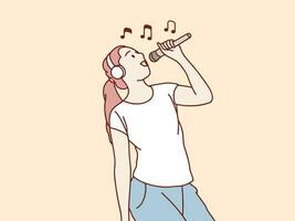 happy exited stylish woman having fun sing a song to microphone and headphone simple korean style illustration vector