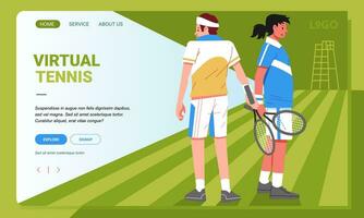 Character tennis players on the side of the court flat illustration, Tennis tournament landing page concept vector