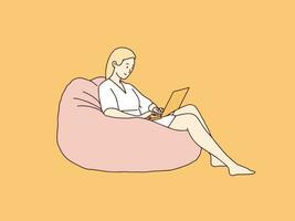 Relaxed woman with laptop sitting on bean bag simple korean style illustration vector