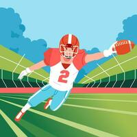 American football player jumps to catch the ball on field match vector
