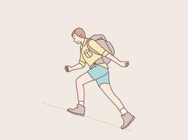 Adventurous man sky running in mountains with backpack Hiking simple korean style illustration vector