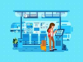 isometric illustration of women holding smartphone and waiting bus in bus station with suitcase beside and bus station interior as background vector