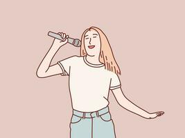 happy exited stylish woman having fun sing a song to microphone simple korean style illustration vector