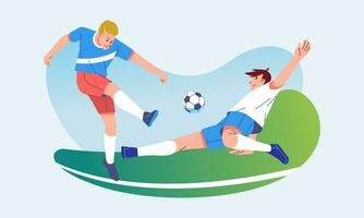 Soccer players duel ball, tackle ball from other players in the field. modern flat vector character illustration