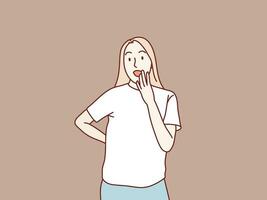 contento joven mujer sorpresa gesto cubierta boca con mano sencillo coreano estilo ilustración vector