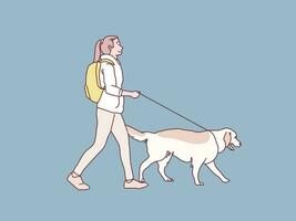 contento joven niña estudiante caminando su perro sencillo coreano estilo ilustración vector