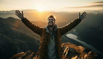 A man stands on the summit of a mountain, his arms raised in victory, a symbol of freedom, success, and the human spirit. Generative ai photo