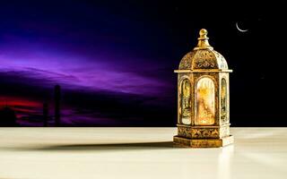 Arabic lanterns decorated with candles lit up at night on a Muslim Ramadan Kareem wooden table. Copy space on left for design or content. moon, sky night background. Selective focus. photo