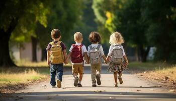 un grupo de contento joven estudiantes, incluso un chica, y chico con un mochila, caminar a colegio juntos, chateando y riendo como ellos disfrutar su amistad y el emoción de aprendiendo. generativo ai foto