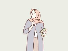 Young muslim hijab woman looking for ideas taking notes on paper standing simple korean style illustration vector