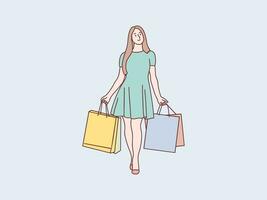 Woman walking cheerful holding shopping bags simple korean style illustration vector