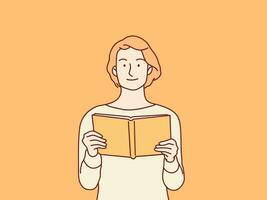 retrato de joven sonriente mujer leyendo libro sencillo coreano estilo ilustración vector