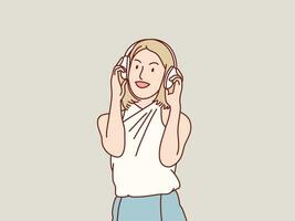 mujer contento oír música desde auricular coreano ilustración estilo vector