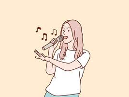 happy exited stylish girl having fun sing a song to microphone simple korean style illustration vector