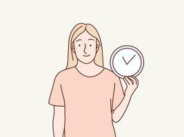 Young unsure woman holding a clock simple korean style illustration vector