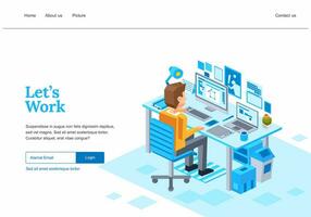 ISOMETRIC WEB PAGE TEMPLATE DESIGN FOR CREATIVE BUSINESS PROCESS, A GRAPHIC DESIGNER WORKING ON COMPUTER WITH PEN TABLET ILLUSTRATION - VECTOR