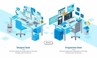 Isometric illustration of comparison between designer and programmer work desk. vector