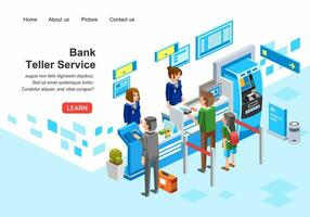 isometric 3D illustration of Bank services by teller to customer, customer queue in teller desk vector