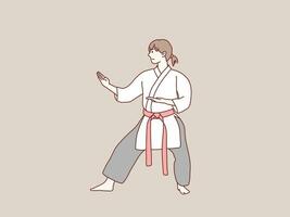 Woman practice karate red belt stance ready to training simple korean style illustration vector