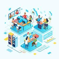 isometric illustration of cloud network database management, customer service, manager and database administration vector