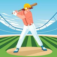 A baseball player hits the ball with a bat on stadium. Baseball player in action. Flat vector illustration