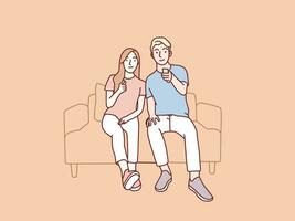 Couple holding remote tv and watching television on a sofa simple korean style illustration vector