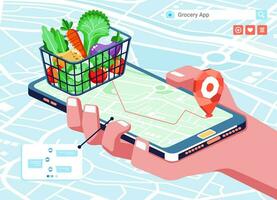 isométrica ilustración de comestibles en línea compras aplicación, con comestibles en el carro, mapa y teléfono isométrica vector ilustración
