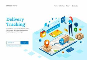 women holding tablet and tracking the delivery from online shopping courier, smartphone, location, box, paper bag icon around vector