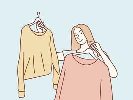 Woman choosing her fashion outfit after the shopping simple korean style illustration vector