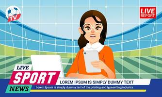 Sport woman News anchor broadcasting live studio presenters on table on football match in stadium vector