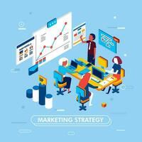 modern isometric design of marketing team is in a meeting with man have presentation and three women working on desk with laptop and computer vector illustration