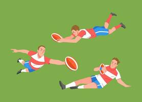 Rugby sport player in action set catch ball tackle and jump character illustration vector