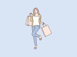 Happy attractive exited standing young woman carrying shopping bags simple korean style illustration vector