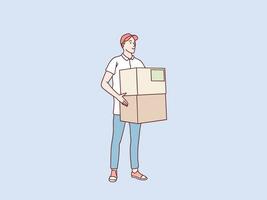 smiling delivery courier holding package parcel stack box shipping service simple korean style illustration vector