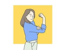 Woman wearing a blue shirt showing strong gesture by lifting her arms and muscles simple korean style illustration vector