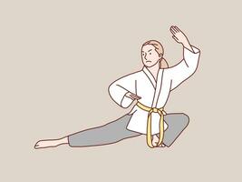 Woman practice karate red belt do low kick training simple korean style illustration vector