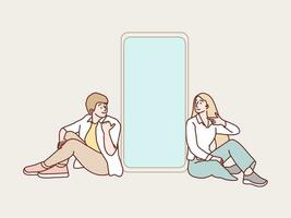 Couple communicate sit near big blank screen cell phone on center simple korean style illustration vector
