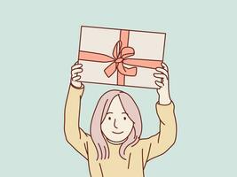 salido contento pequeño niña alegre obtener levantar arriba regalo caja sencillo coreano estilo ilustración vector